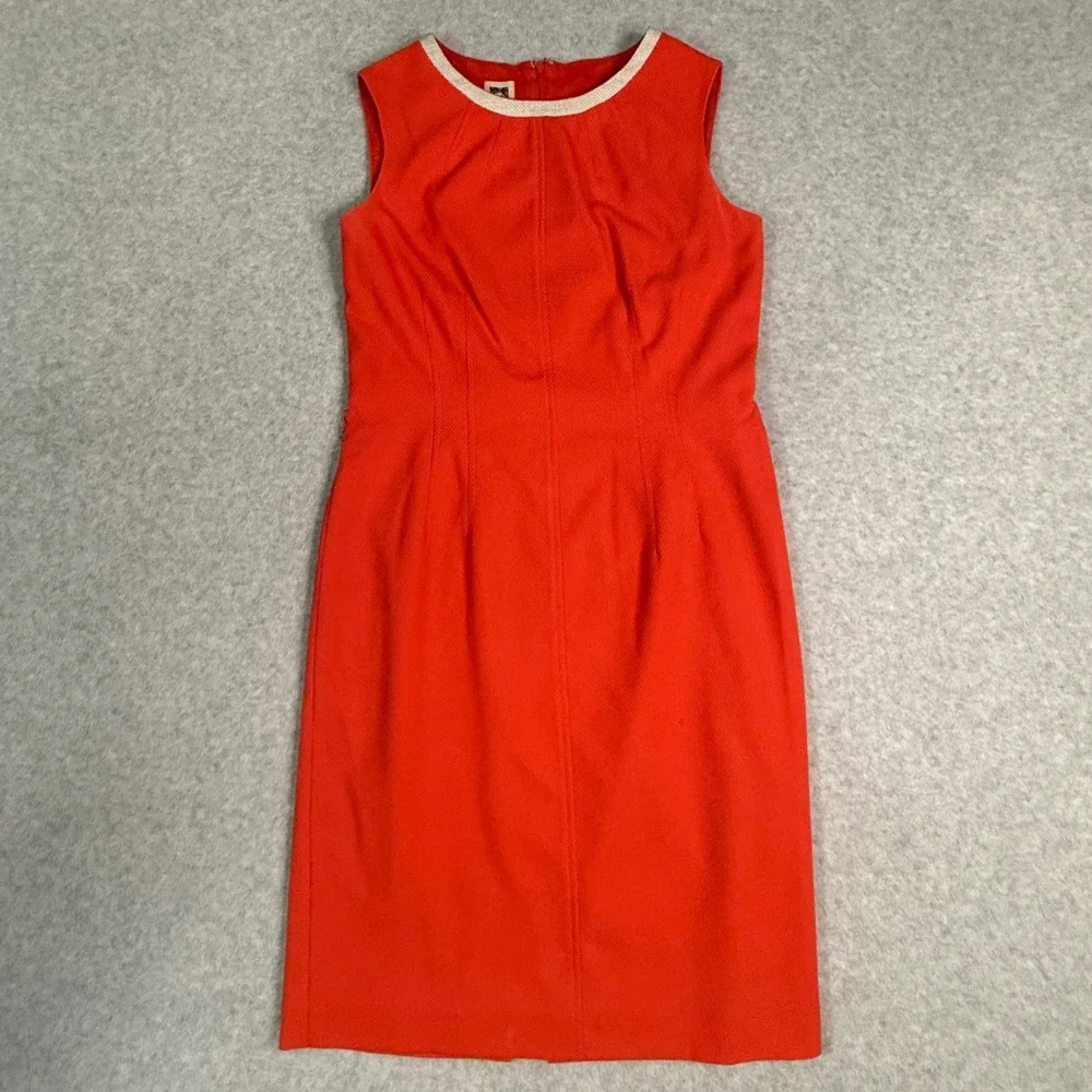Anne Klein Sleeveless Sheath Dress Orange Red Textured Size 8‎ Cream Trim Office